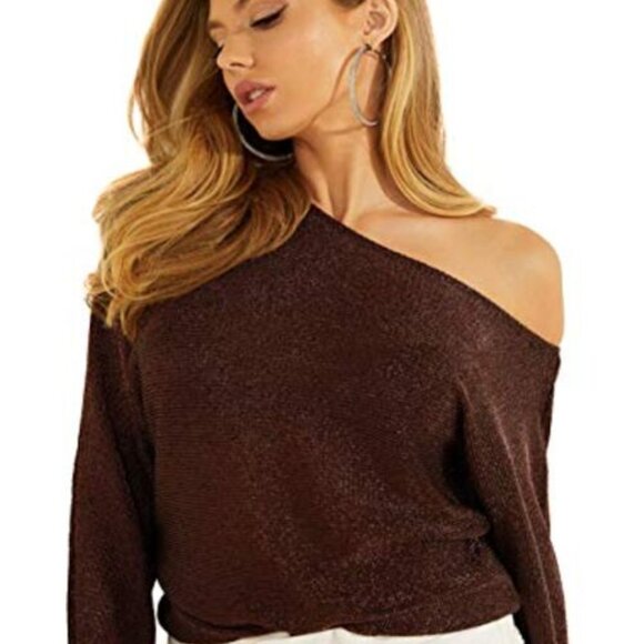 Small GUESS Long Sleeve Catrina Off The Shoulder Lurex Cord Sweater - Picture 5 of 9